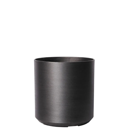 Hortus Lite - Metallic Look Plastic Cylinder Planter - Dk Grey - Dia28 x H28cm lifestyle - metal cylinder planter with lush greenery on modern garden terrace
