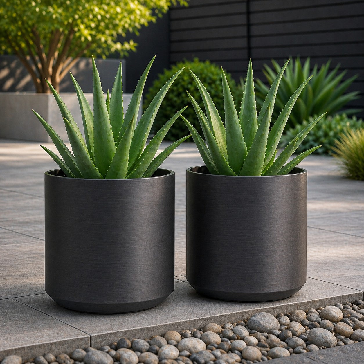 Hortus Lite - Metallic Look Plastic Cylinder Planter - Dk Grey - Dia28 x H28cm Dia28 - metal cylinder planter for indoor and outdoor use