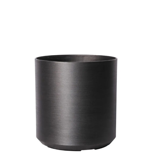 Hortus Lite - Metallic Look Plastic Cylinder Planter - Dk Grey - Dia35 x H35cm lifestyle - metal cylinder planter with lush greenery on modern garden terrace
