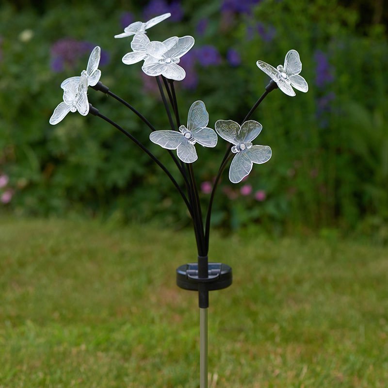 8-Stem FlutterLights Multi Coloured, Stake Light lifestyle - planter with plants on garden setting