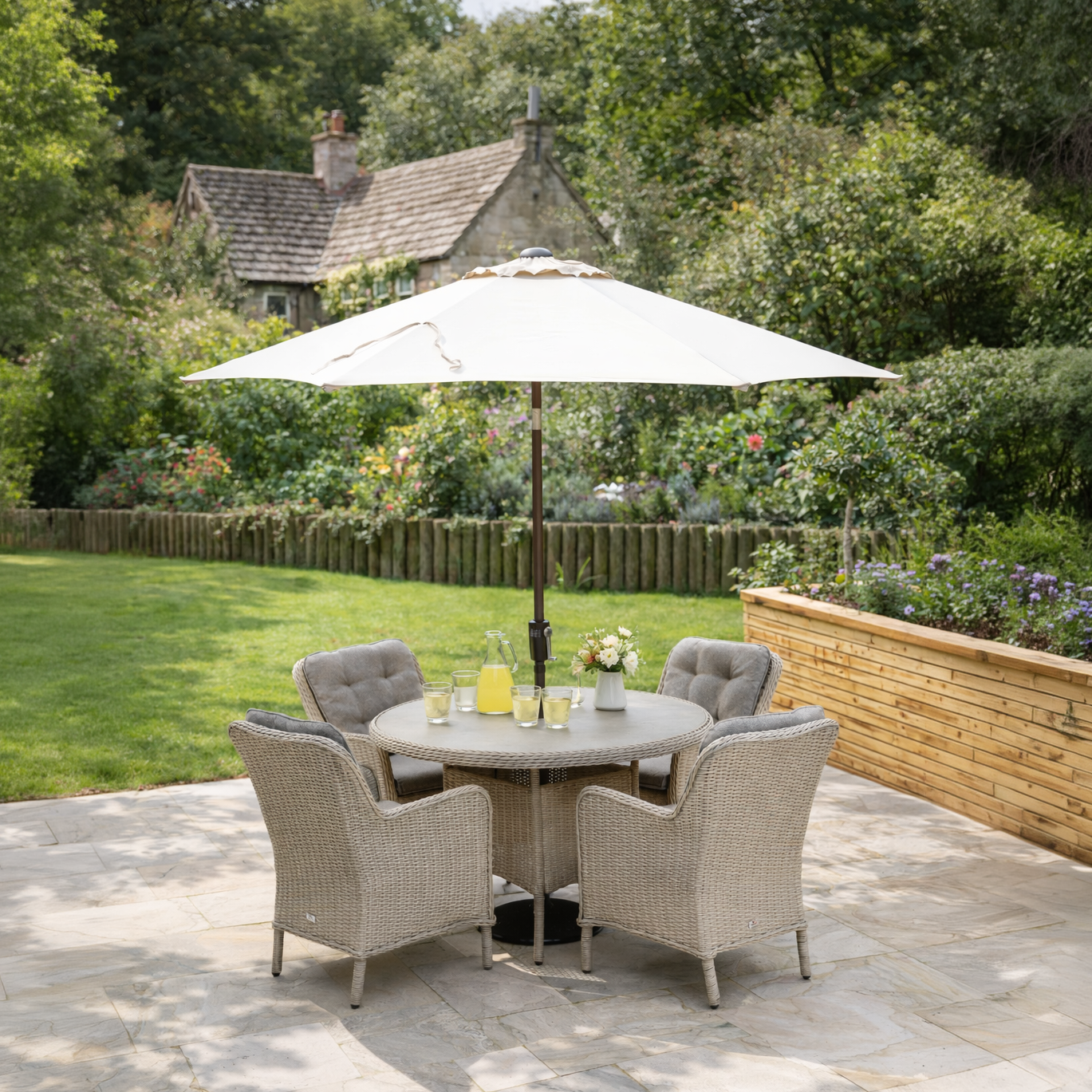 Cassano 4 Seat 120cm Round Dining Set with 2.5m Deluxe Crank Parasol