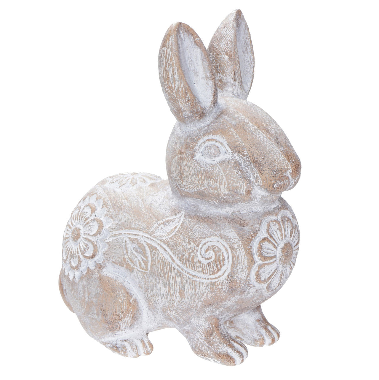 Resin Wooden Look Bunny Carved Pattern White 15cm