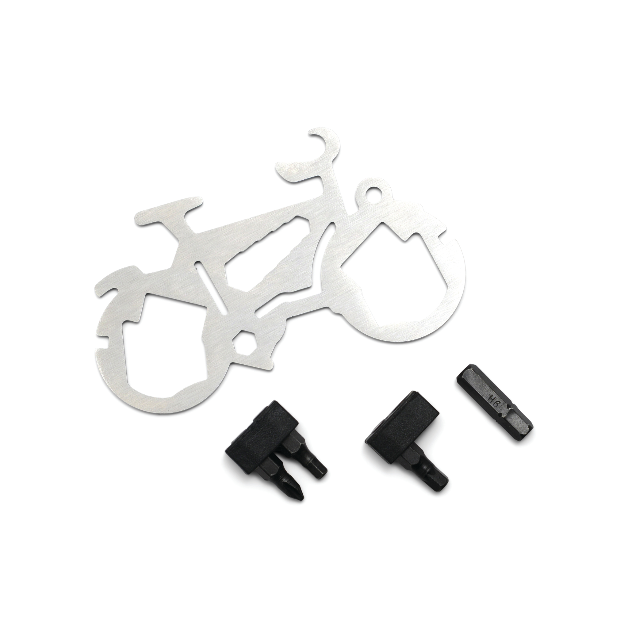 Bicycle multi-tool with bit attachments on white background