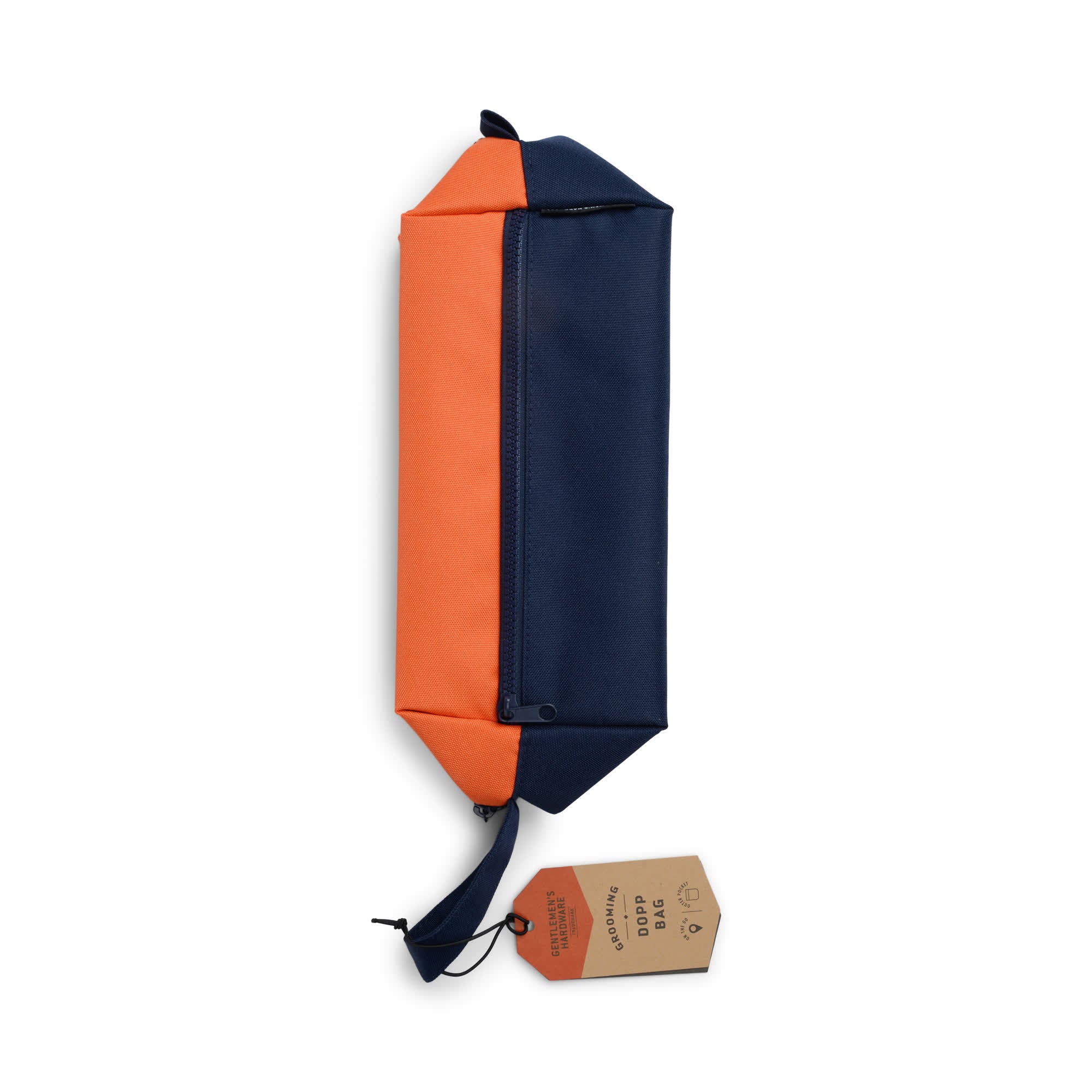 Navy and orange Dopp bag with wrist strap