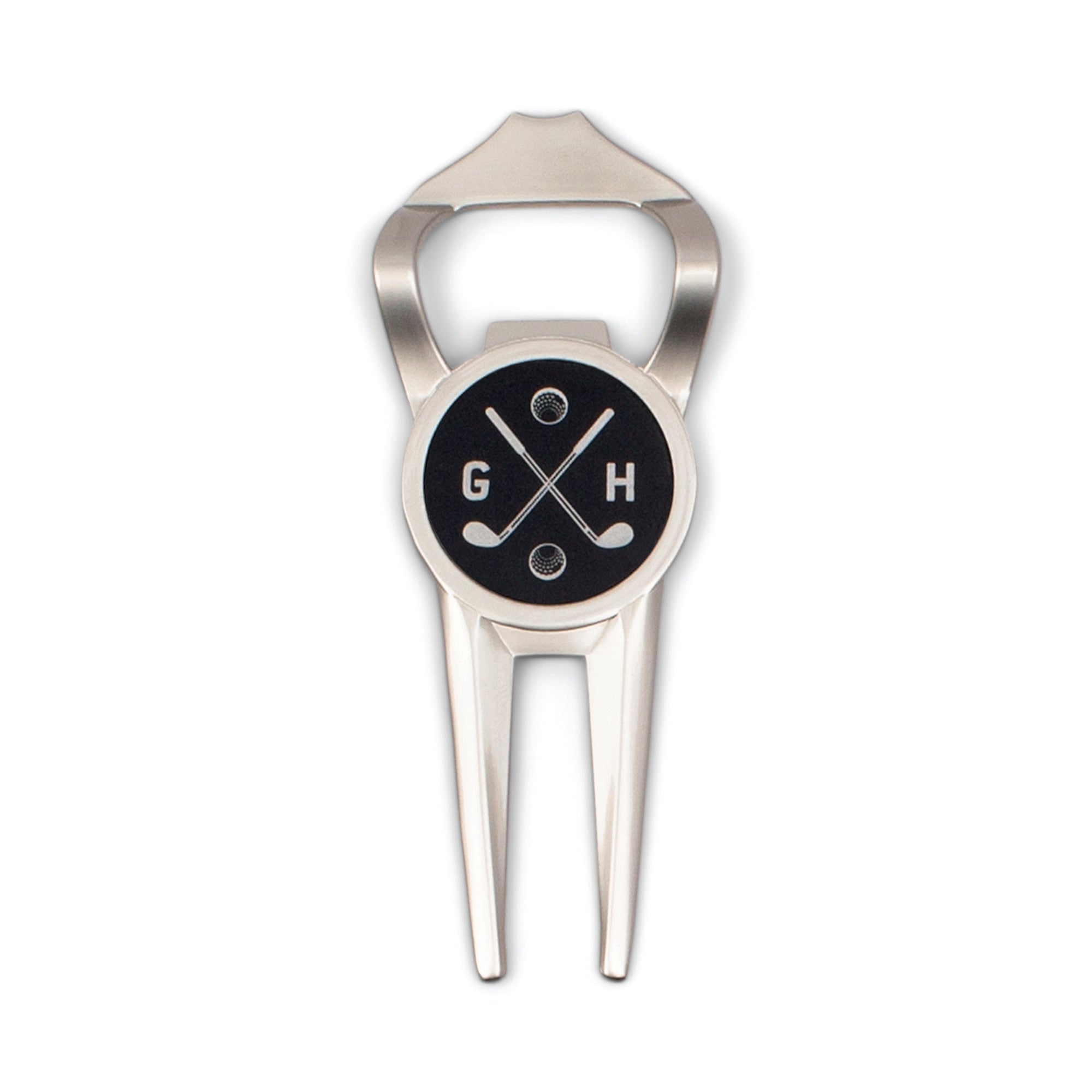 Close up of divot tool bottle opener ball marker emblem