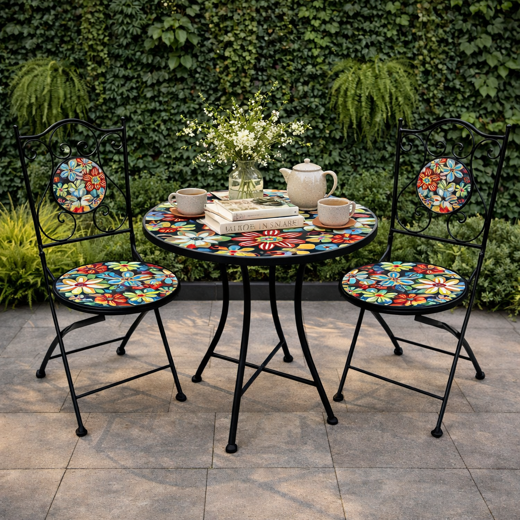 Metal Bistro Table Set Multi Floral Design - 2 Chairs -Dia 60 - H75cm