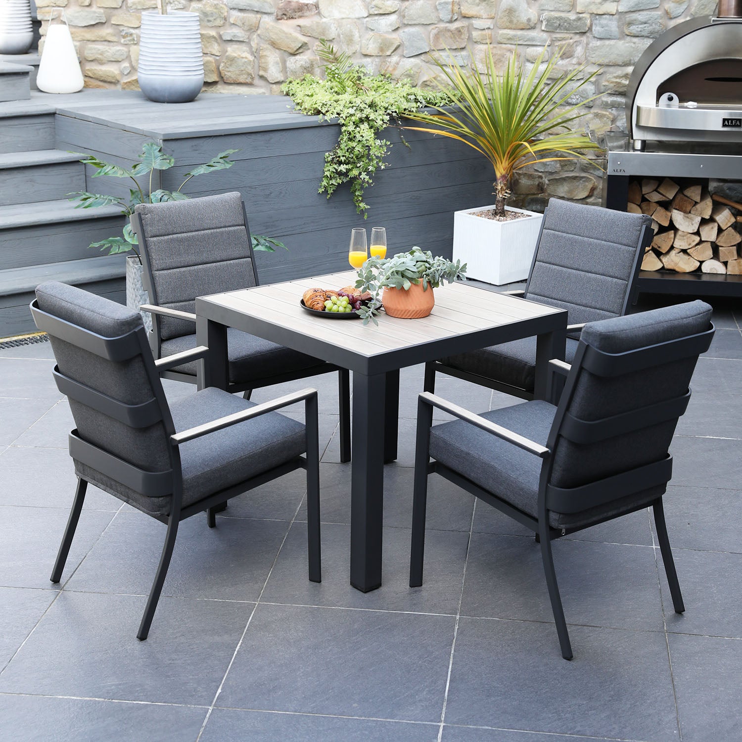 Mannington 4 Seat 90cm Square Dining Set with 2.2m Deluxe Crank Parasol