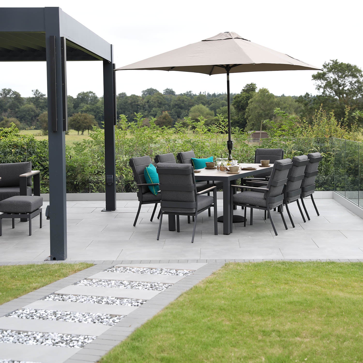 Mannington 8 Seat 230x90cm Rectangular Dining Set with 3.5m Deluxe Crank Parasol