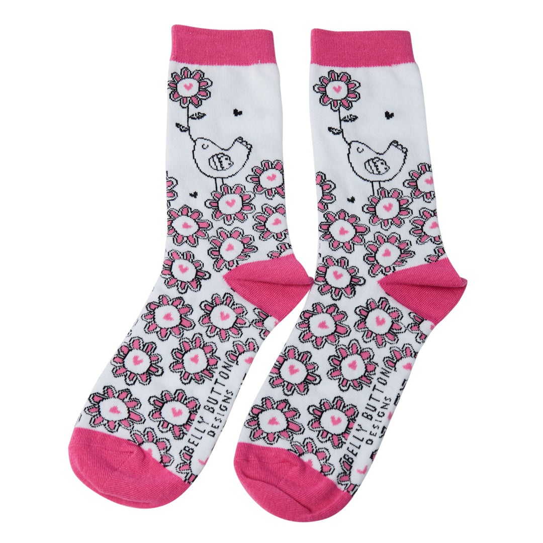 Bamboo socks with woodcut bird and flowers design