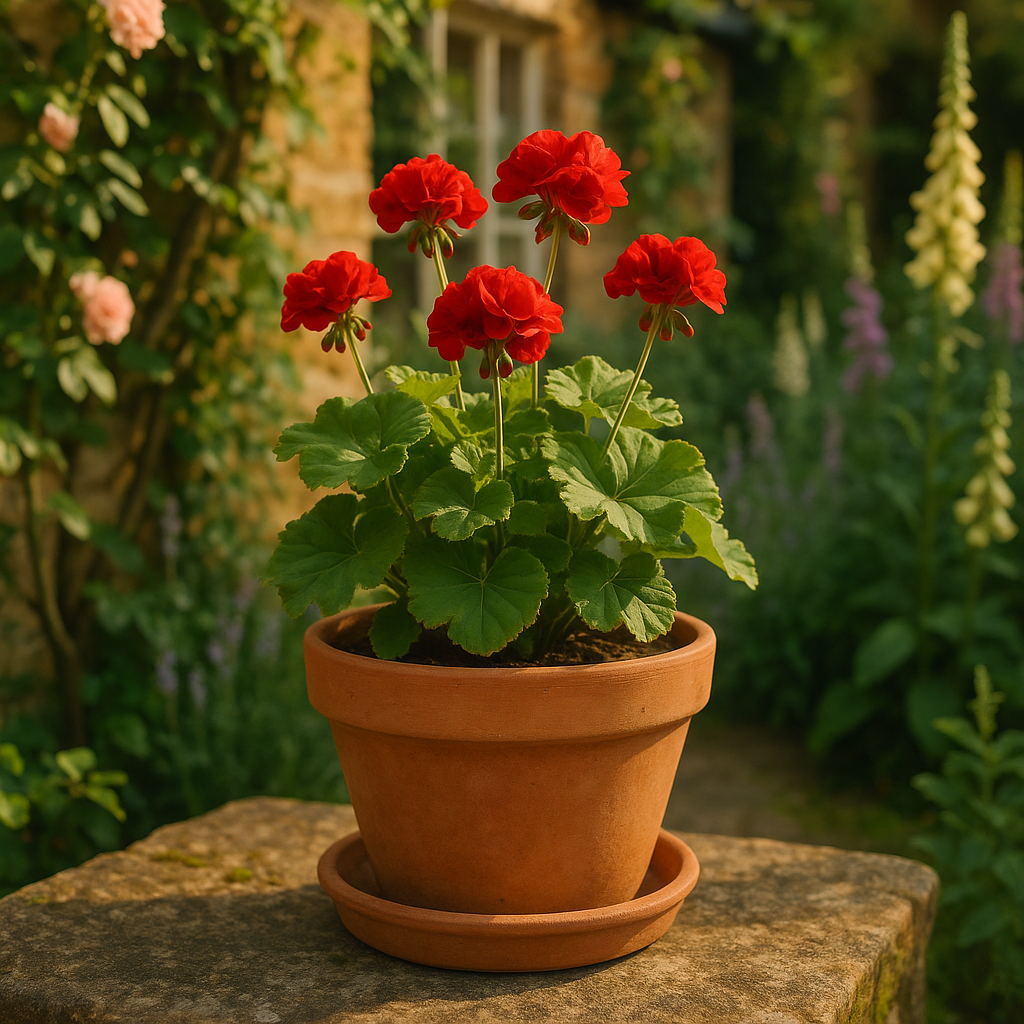 Antique Terracotta Saucer lifestyle - terracotta saucer with seasonal flowers on English cottage garden