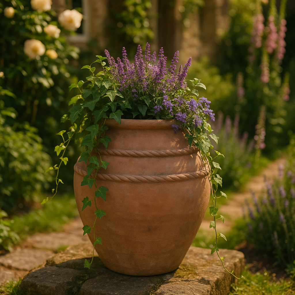 Antique Terracotta Rope Pot - H31.5 x Dia26.5cm lifestyle - terracotta garden pot with seasonal flowers on English cottage garden