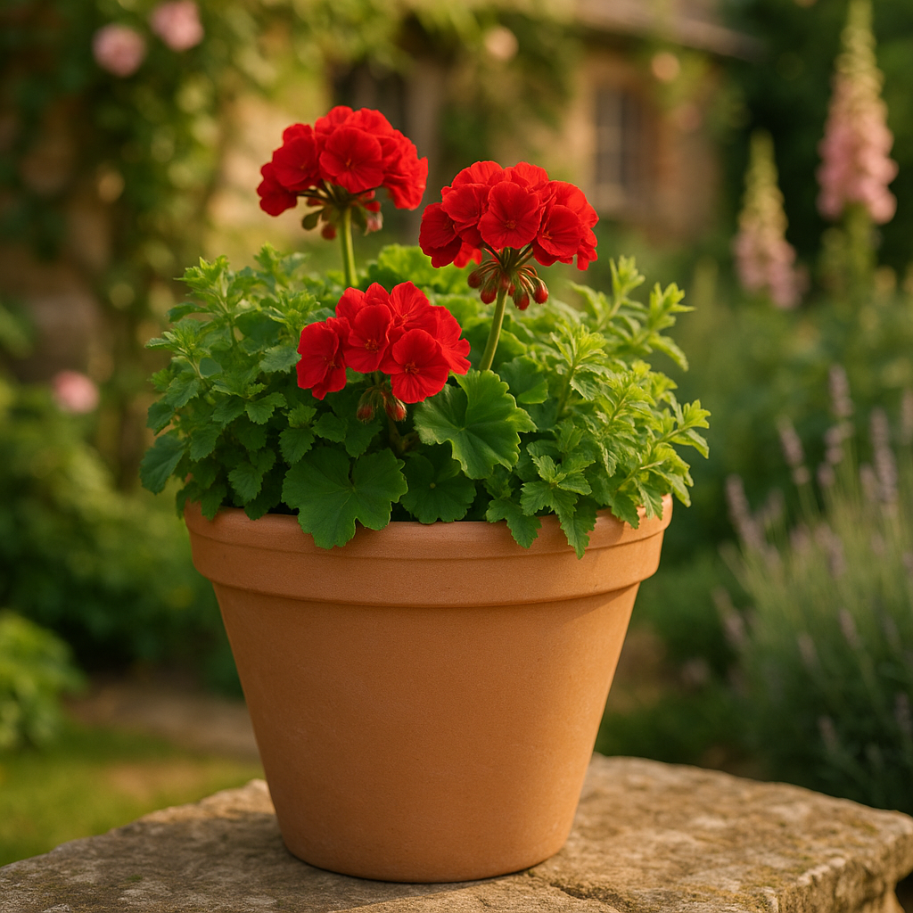 Antique Terracotta Pot lifestyle - terracotta garden pot with seasonal flowers on English cottage garden