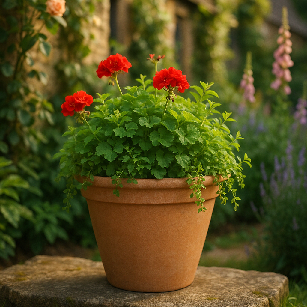 Antique Terracotta Pot lifestyle - terracotta garden pot with seasonal flowers on English cottage garden