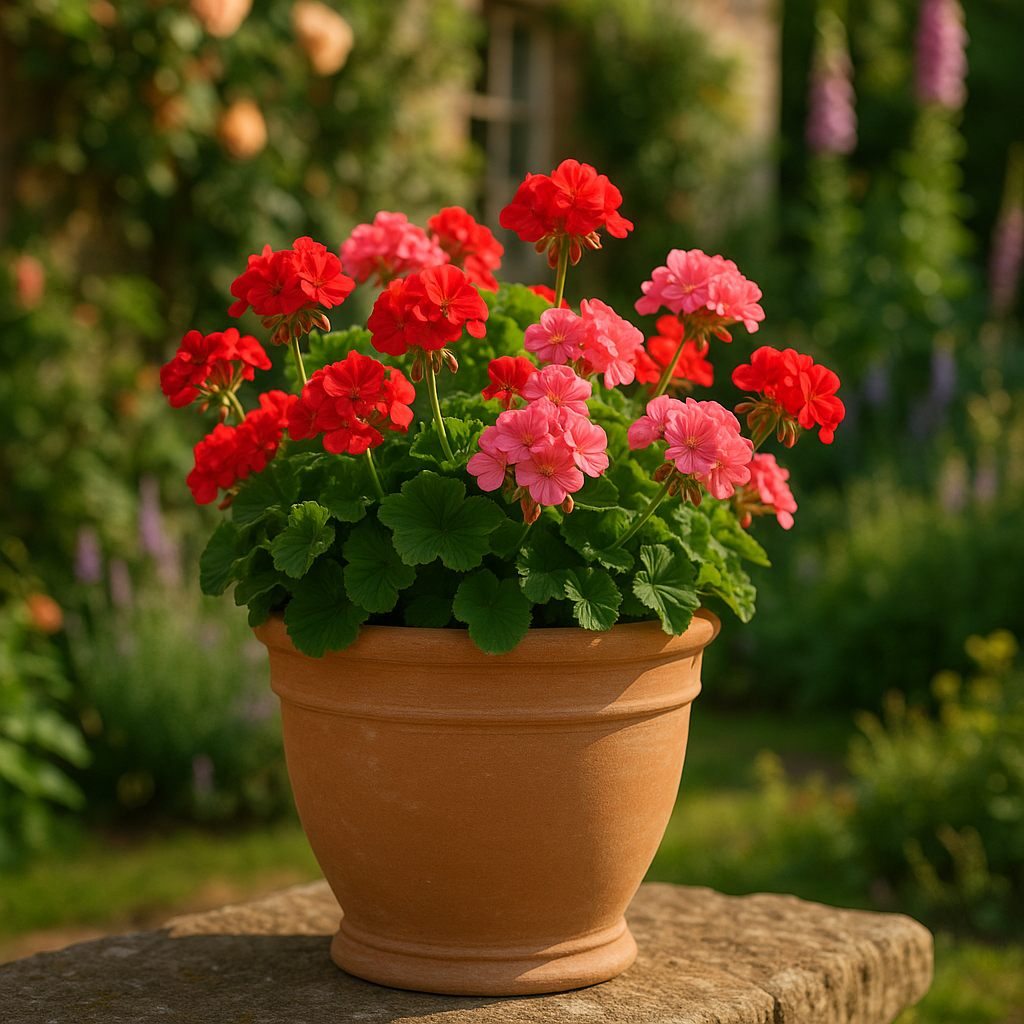 Gallicus Antique Terracotta Pot ( 20.12 x15.56cm ) lifestyle - terracotta garden pot with seasonal flowers on English cottage garden