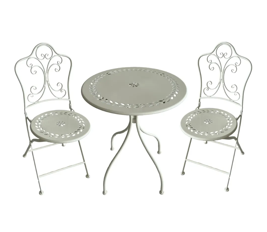 Metal Bistro Table Set Leaf Design - 2 Chairs - Cream - Dia 60- H75cm