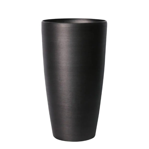 Hortus Lite - Metallic Look Tall Planter - Dk Grey - Dia 40 x H75.5cm lifestyle - metal planter with lush greenery on modern garden terrace