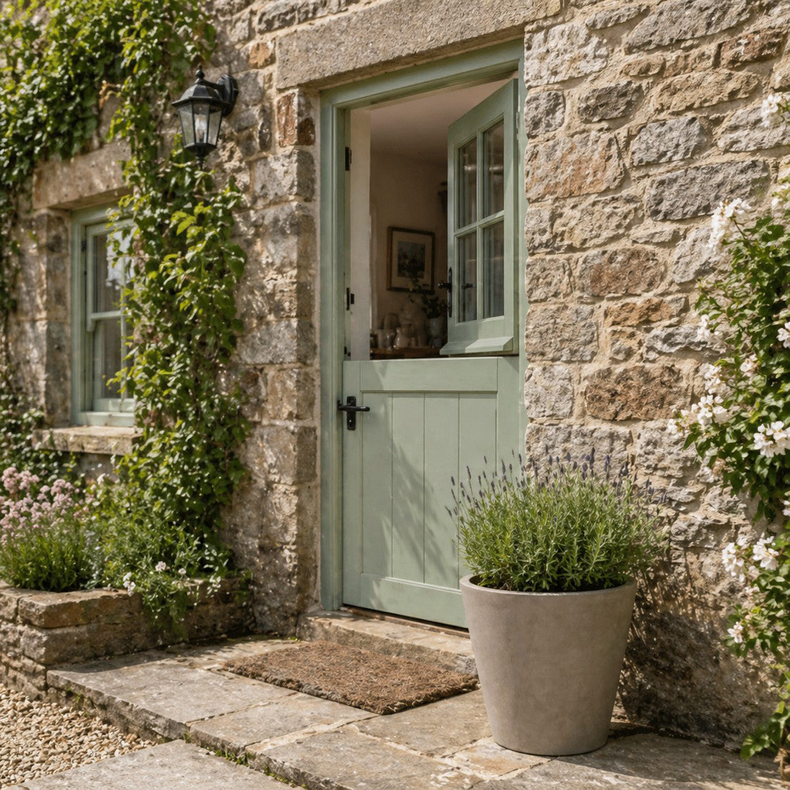 Hortus Lite - Aged Effect Plastic Planter -Vintage - Dia 50 x H44.5cm lifestyle - fibreglass stone-effect planter with lush greenery on modern garden terrace