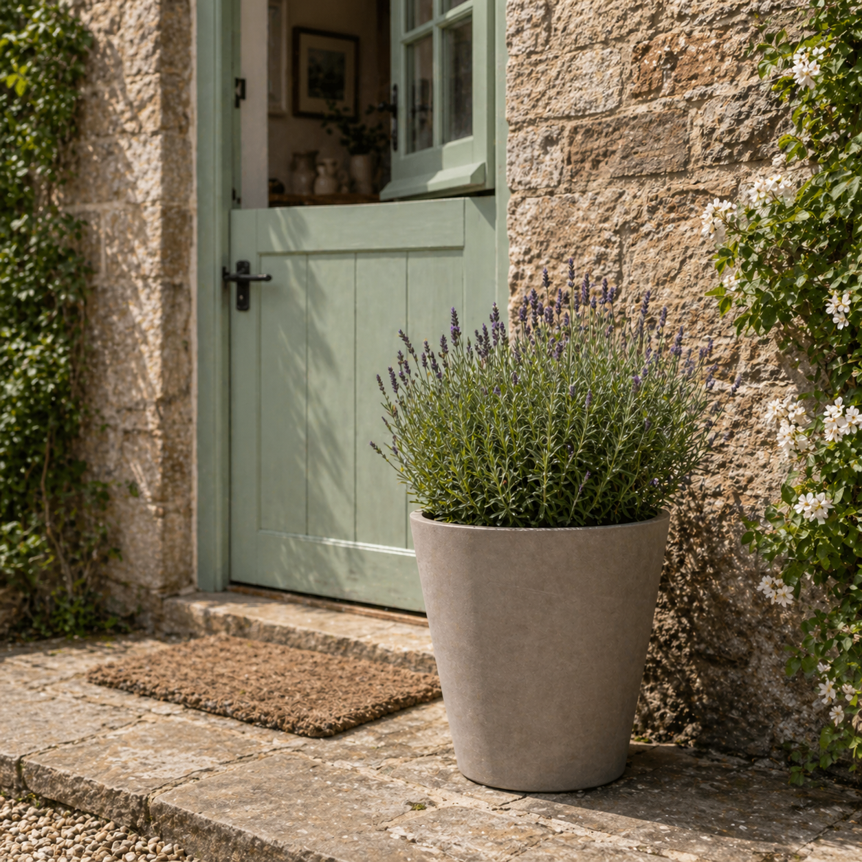 Hortus Lite - Aged Effect Plastic Planter - Cement Grey - Dia 60 x Height 55cm lifestyle - concrete planter with lush greenery on modern garden terrace