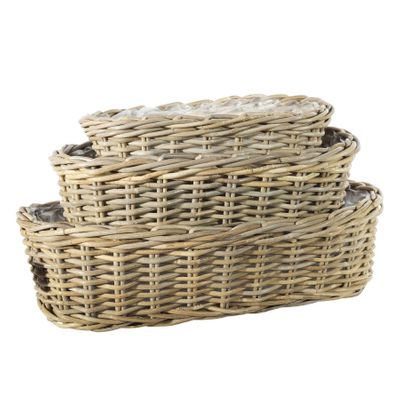 Set of 3 Oval Tapered Rattan Baskets with Liner S/M/L