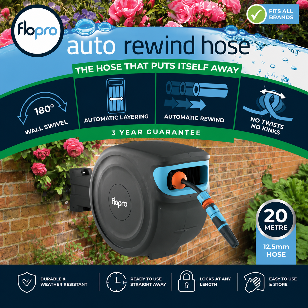 Flopro Automatic Rewind Wall Mounted Hose Reel with 20m Hose
