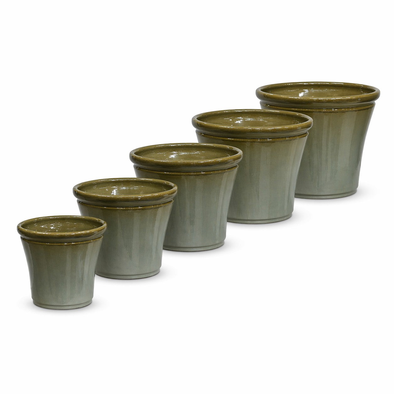 Hortus Lite - Glaze Plastic Rolled Rim Planter - Olive Green- Dia 45 x Height 40cm lifestyle - fibreglass stone-effect planter with lush greenery on modern garden terrace