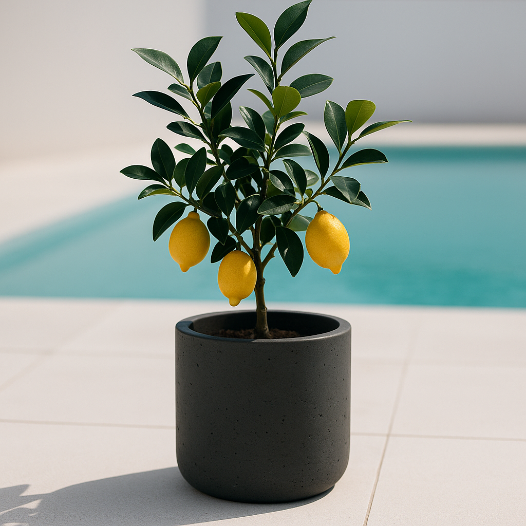 Hortus Classic Cemento Cylinder Planter lifestyle - concrete cylinder planter with Mediterranean plants on contemporary Mediterranean terrace