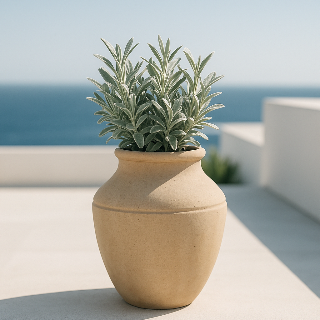 Hortus Classic Sardinia Olive Pot Small lifestyle - fibreglass stone-effect olive jar planter with Mediterranean plants on contemporary Mediterranean terrace