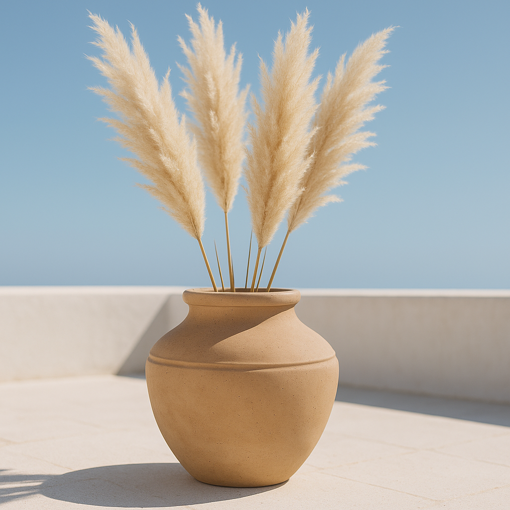 Hortus Classic Sardinia Storage Pot - Small lifestyle - fibreglass stone-effect storage planter with Mediterranean plants on contemporary Mediterranean terrace