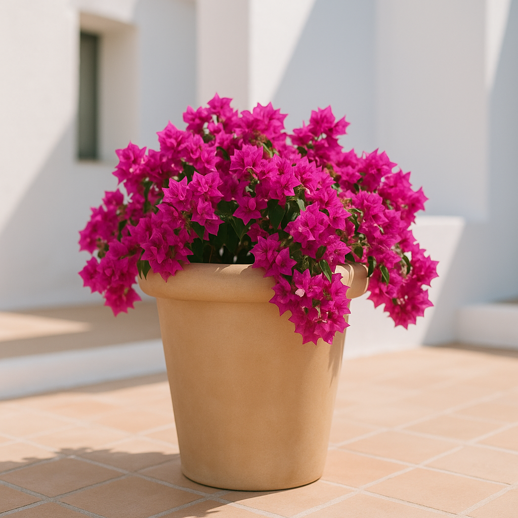 Hortus Classic Sardinia Tall Rolltop Pot - Small lifestyle - fibreglass stone-effect roll-top planter with Mediterranean plants on contemporary Mediterranean terrace