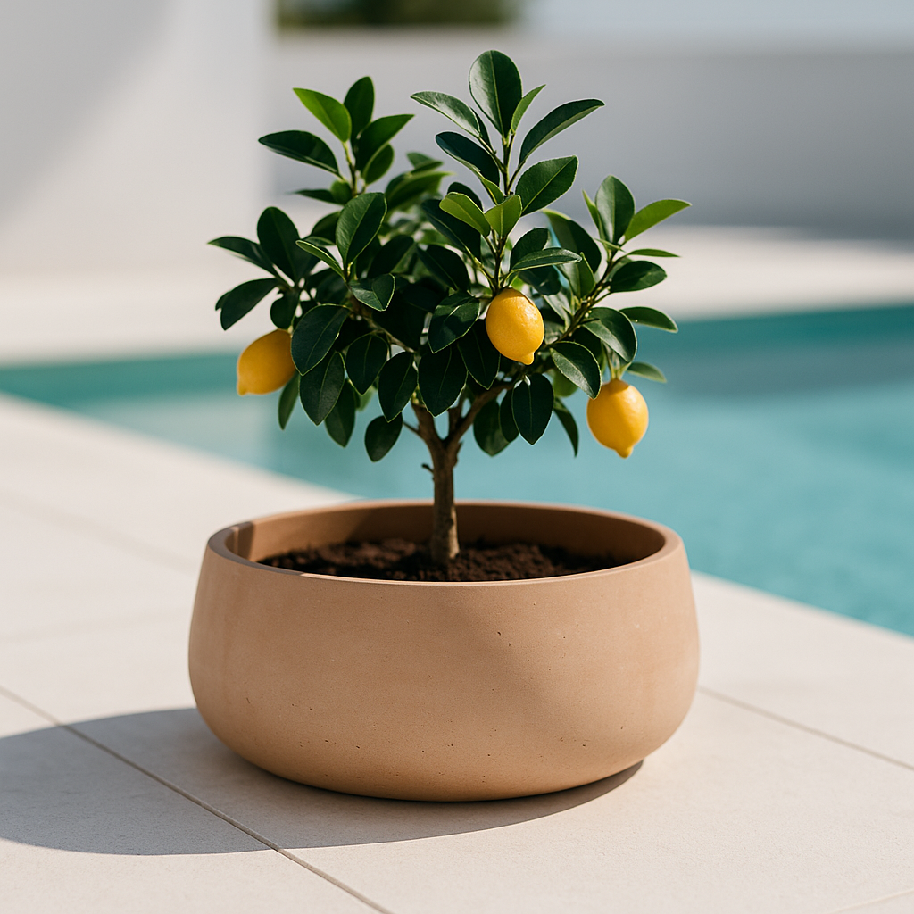 Hortus Classic Corsica Bowl lifestyle - fibreglass stone-effect bowl planter with Mediterranean plants on contemporary Mediterranean terrace