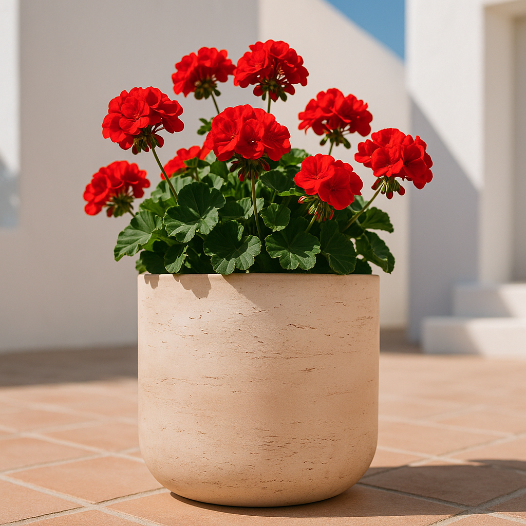 Hortus Classic Corsica Planter lifestyle - fibreglass stone-effect planter with Mediterranean plants on contemporary Mediterranean terrace