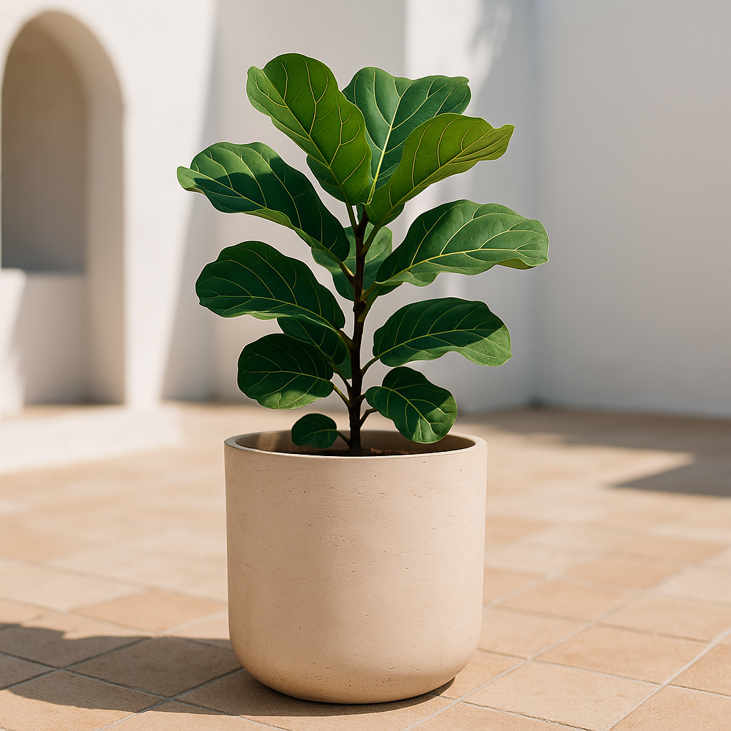 Hortus Classic Corsica Planter lifestyle - fibreglass stone-effect planter with Mediterranean plants on contemporary Mediterranean terrace