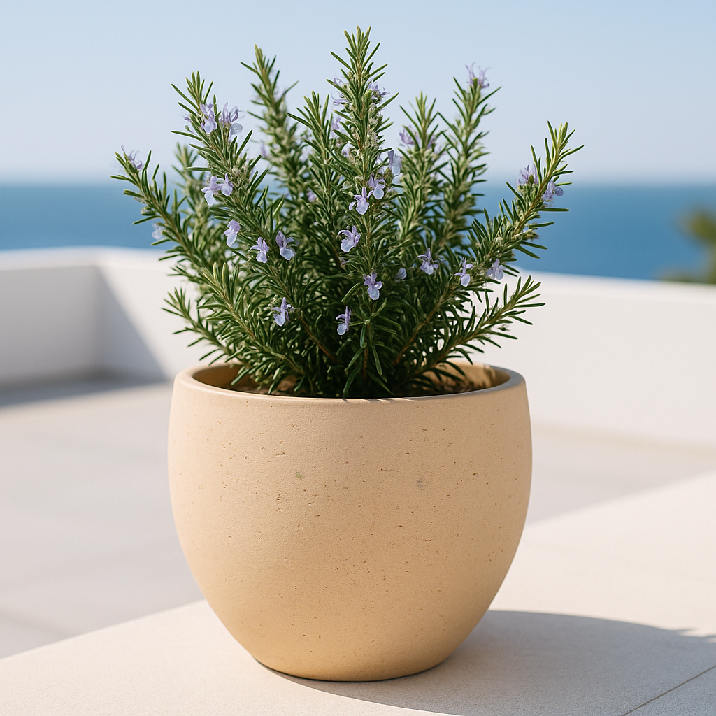 Hortus Classic Corsica Tulip Planter lifestyle - fibreglass stone-effect tulip planter with Mediterranean plants on contemporary Mediterranean terrace