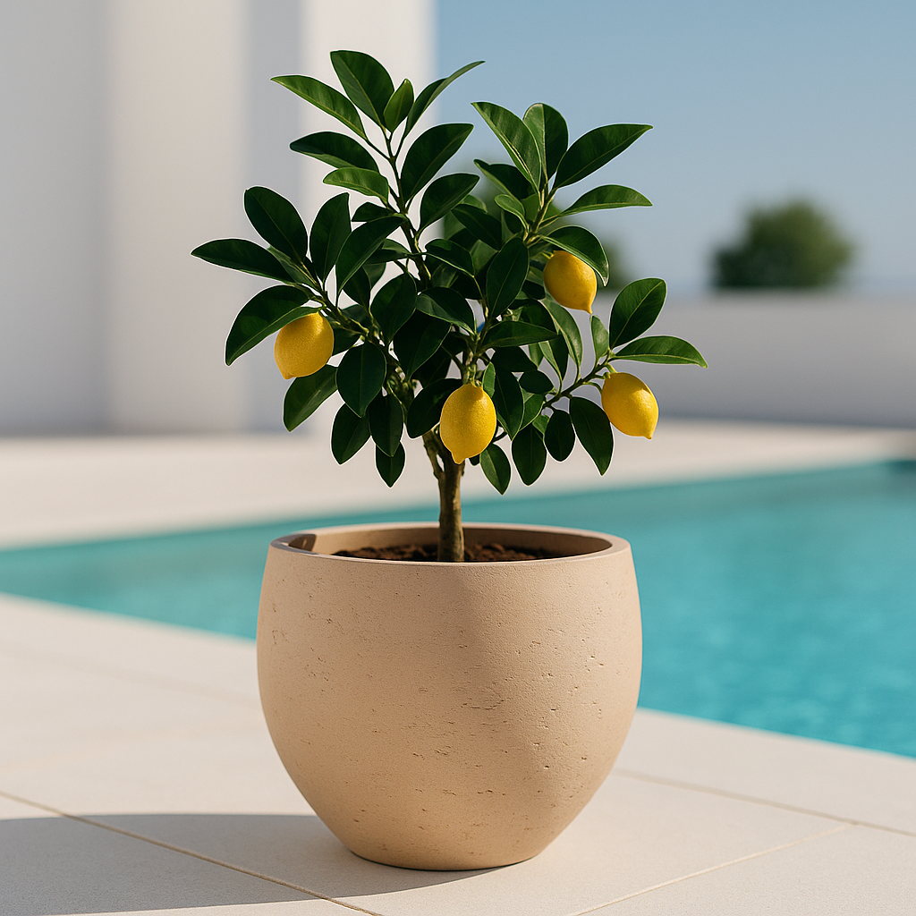 Hortus Classic Corsica Tulip Planter lifestyle - fibreglass stone-effect tulip planter with Mediterranean plants on contemporary Mediterranean terrace