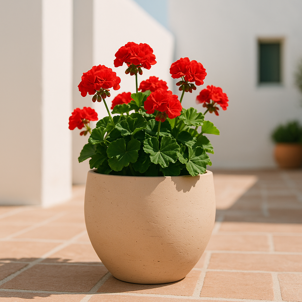 Hortus Classic Corsica Tulip Planter lifestyle - fibreglass stone-effect tulip planter with Mediterranean plants on contemporary Mediterranean terrace