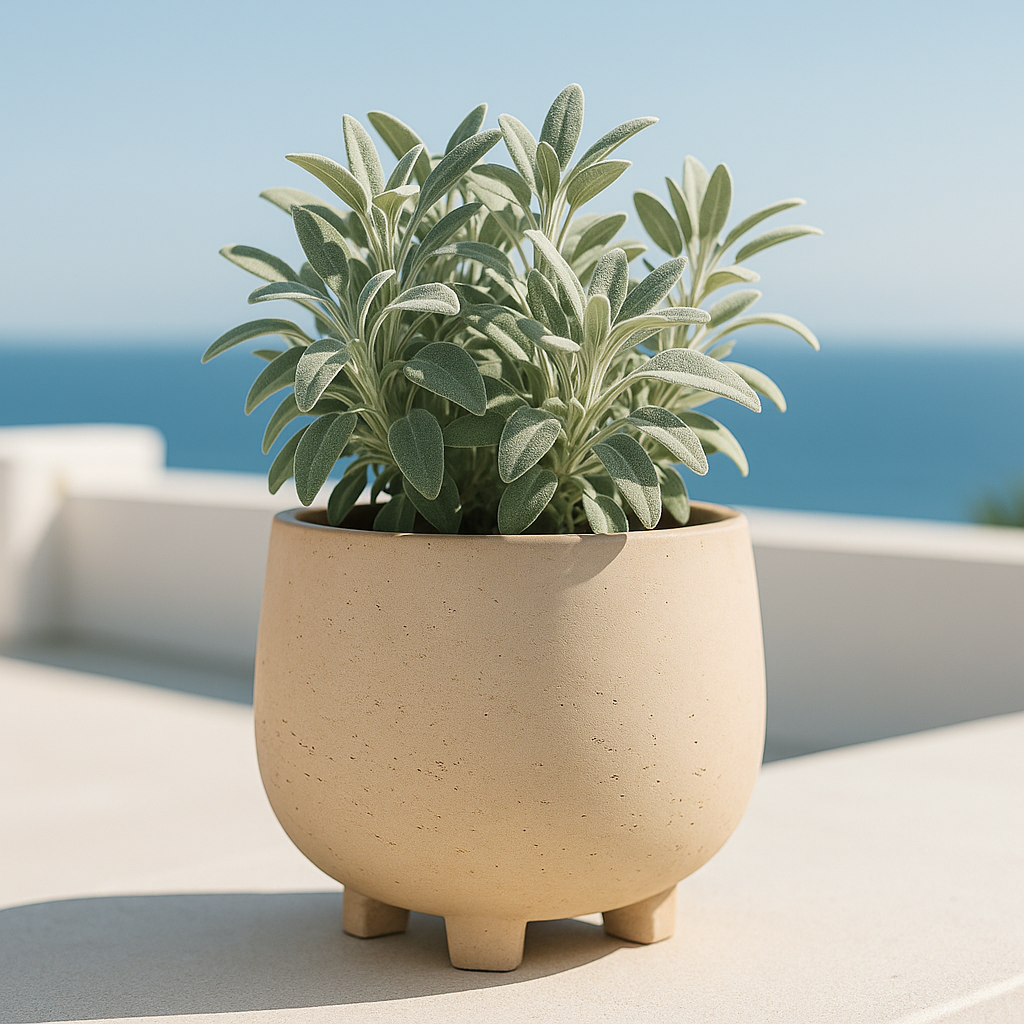 Hortus Classic Corsica Footed Planter lifestyle - fibreglass stone-effect footed planter with Mediterranean plants on contemporary Mediterranean terrace