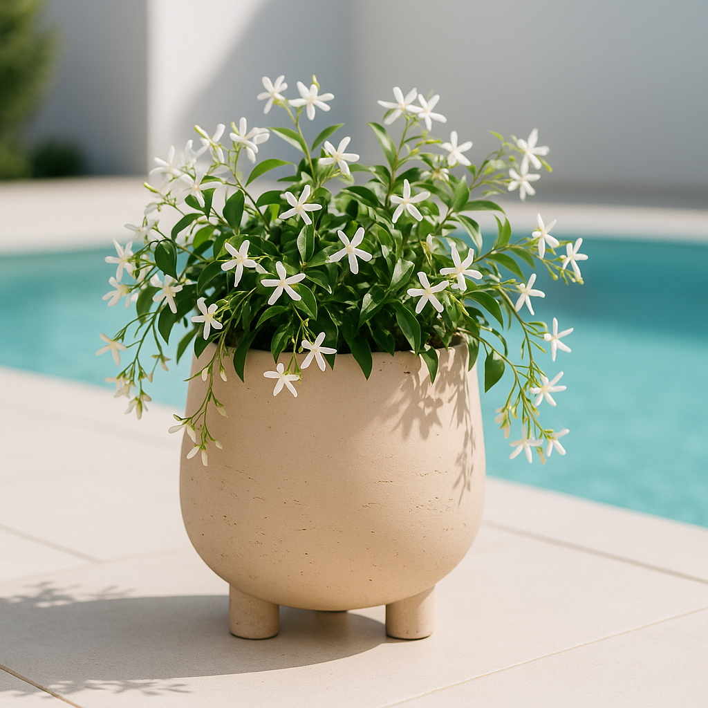 Hortus Classic Corsica Footed Planter lifestyle - fibreglass stone-effect footed planter with Mediterranean plants on contemporary Mediterranean terrace
