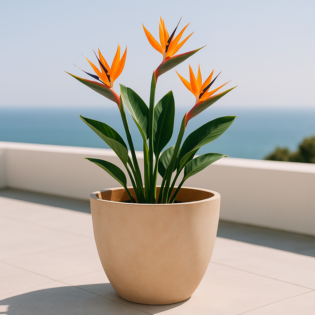 Hortus Classic Corsica Flared Planter lifestyle - fibreglass stone-effect flared planter with Mediterranean plants on contemporary Mediterranean terrace