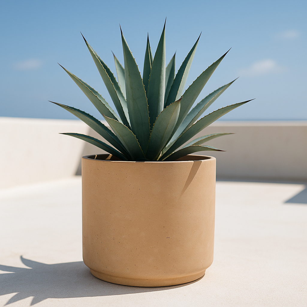 Hortus Classic Cylinder lifestyle - fibreglass stone-effect cylinder planter with Mediterranean plants on contemporary Mediterranean terrace