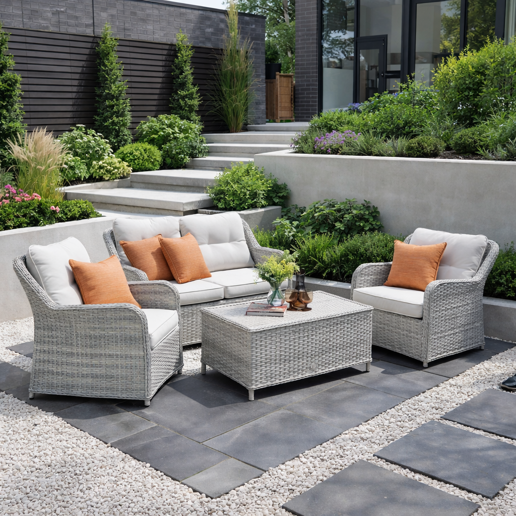 Outdoor patio set with gray wicker furniture, orange cushions, and a small table with decorative items on a stone patio.