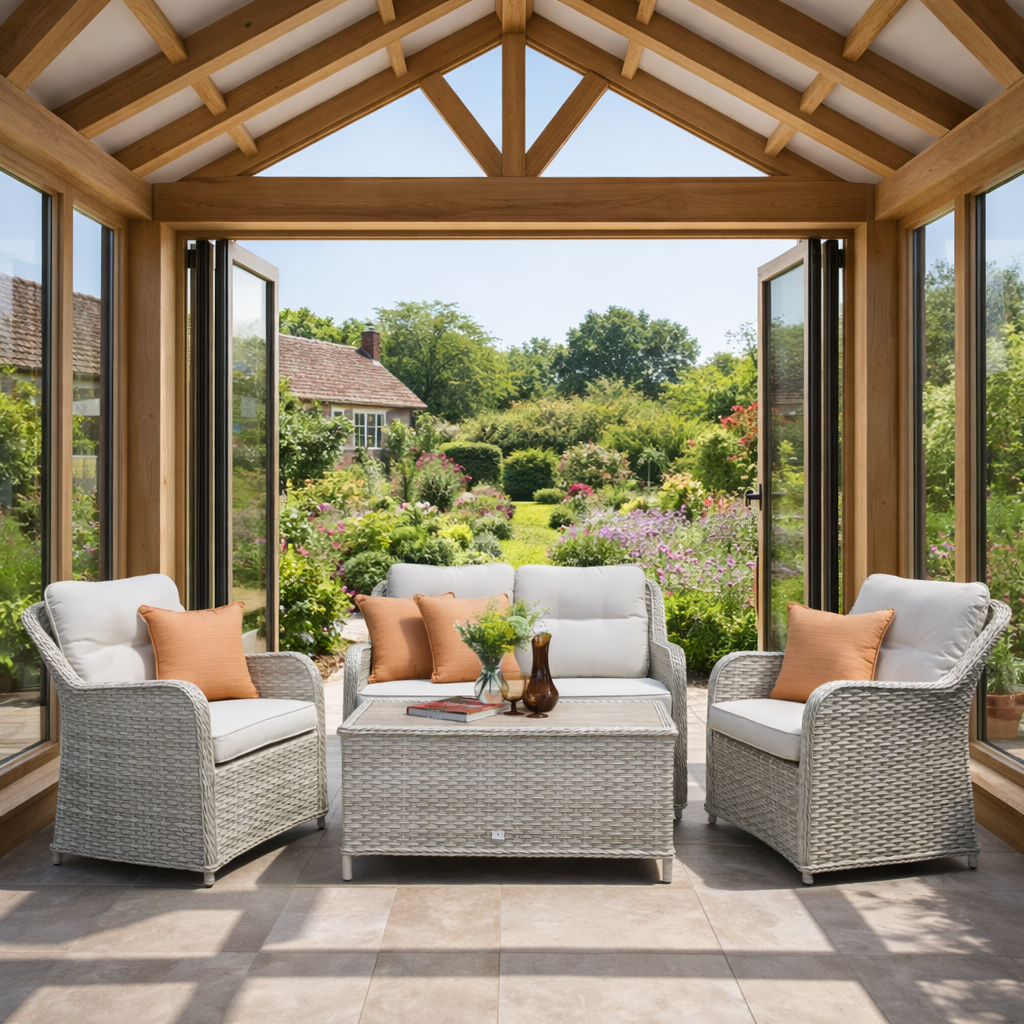 Outdoor patio set with cushions in a sunroom with large windows.