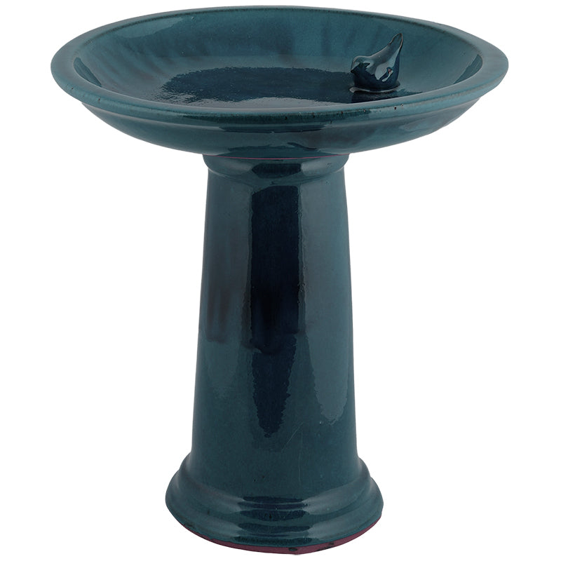 CERAMIC BIRD BATH ON PEDESTAL BLUE