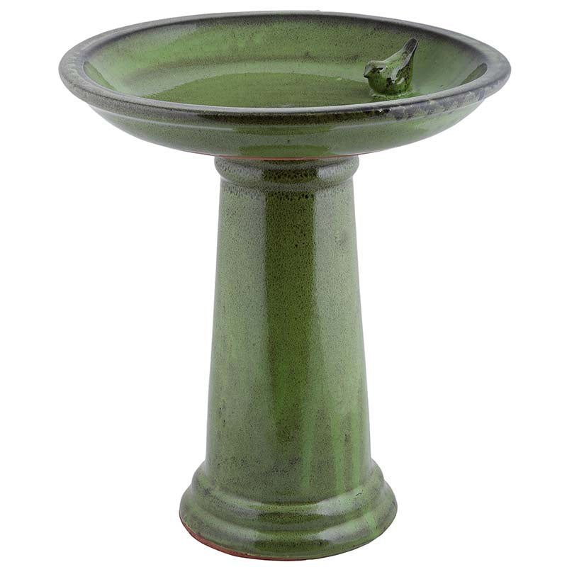 CERAMIC BIRD BATH ON PEDESTAL GREEN