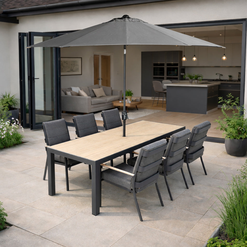 Mannington 6 Seat 160x90cm Rectangular Dining Set with 3.0m Deluxe Crank Parasol