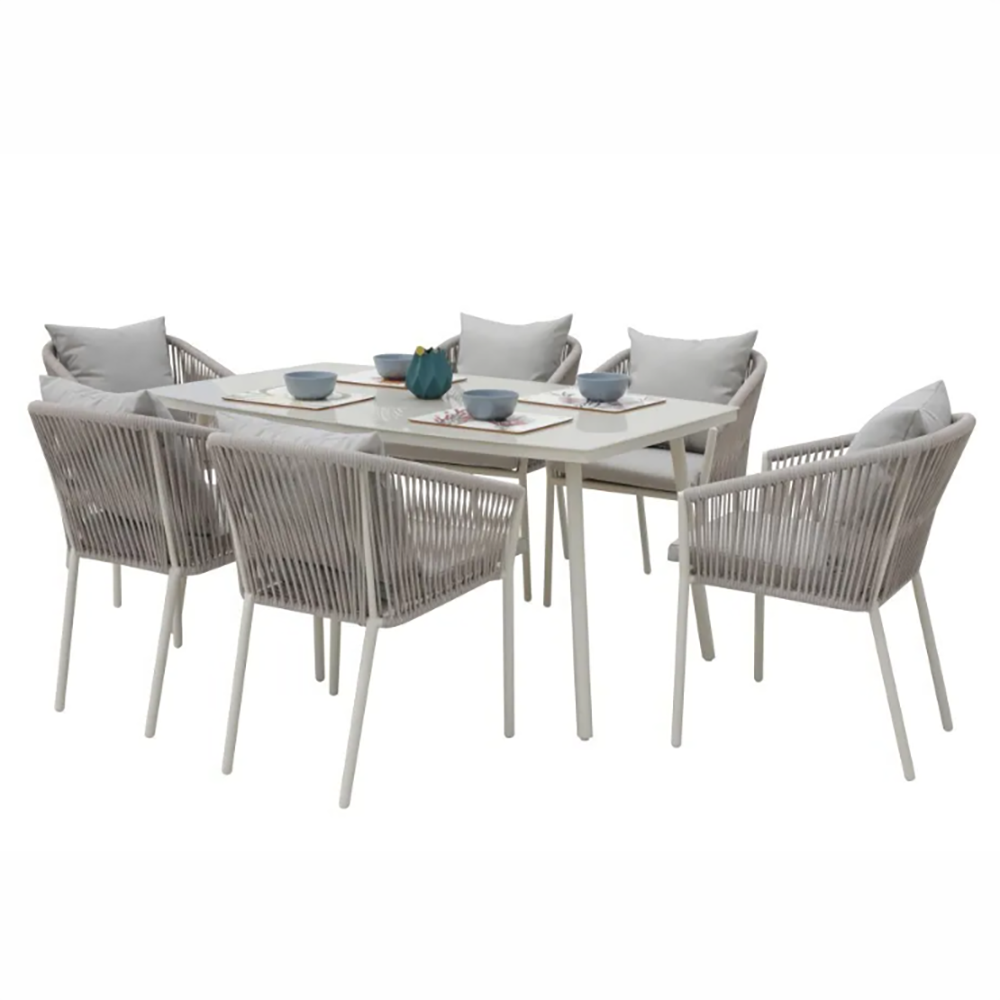 Outdoor Dining Set Table 6 Chairs/Rope - Grey
