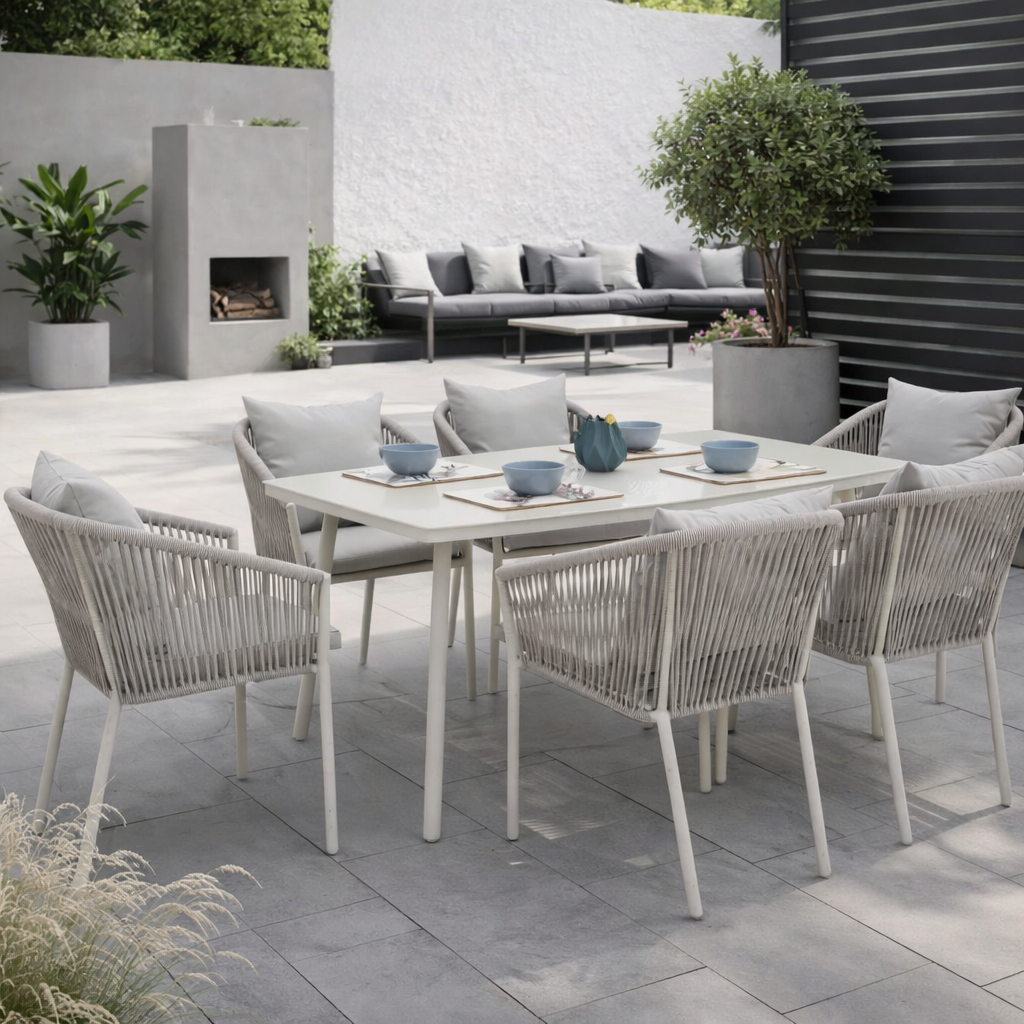 Outdoor Dining Set Table 6 Chairs/Rope - Grey