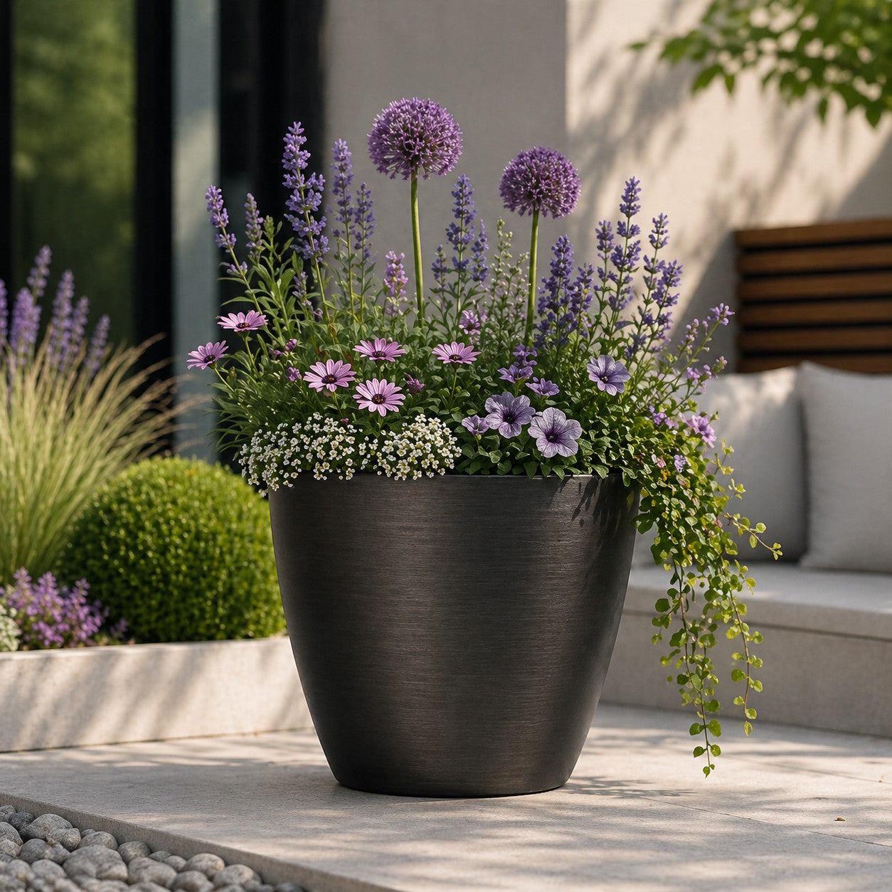 Hortus Lite - Metallic Look Plastic Planter - Dk Grey - Dia 21 x H19.5cm Dia21 - metal planter for indoor and outdoor use