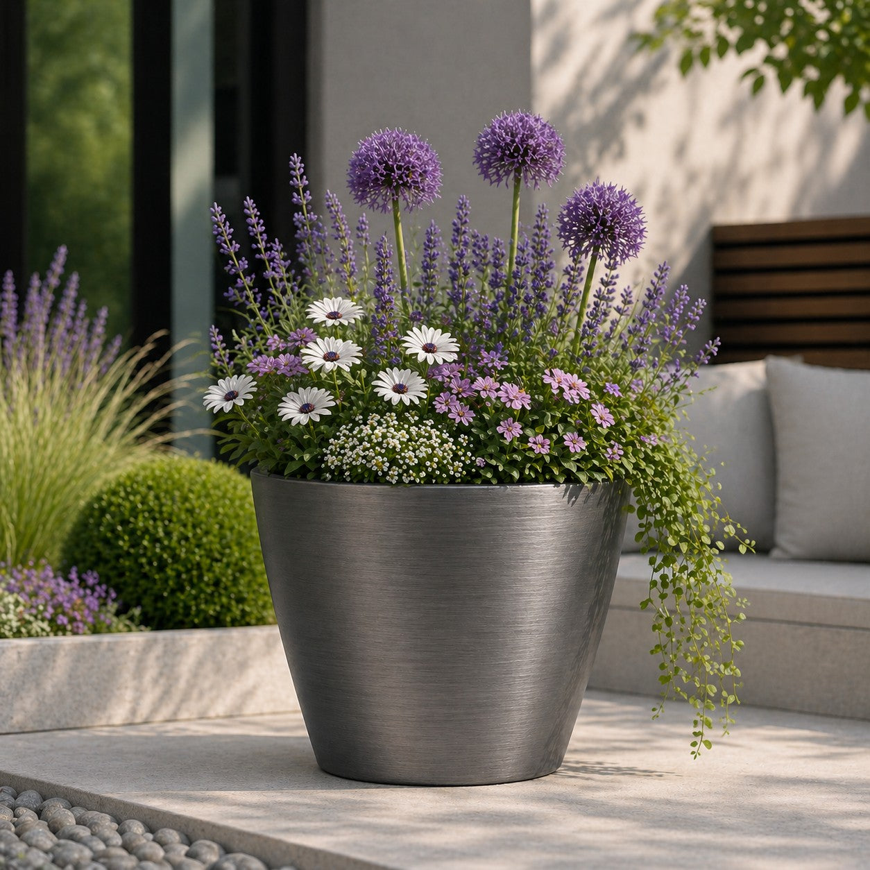 Hortus Lite - Metallic Look Plastic Planter - Brushed Steel - Dia35 x H25cm Dia35 - metal planter for indoor and outdoor use