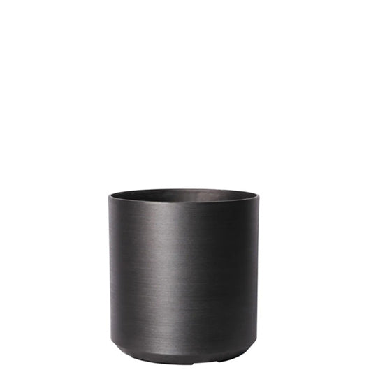Hortus Lite - Metallic Look Plastic Cylinder Planter - Dk Grey - Dia21 lifestyle - metal cylinder planter with lush greenery on modern garden terrace