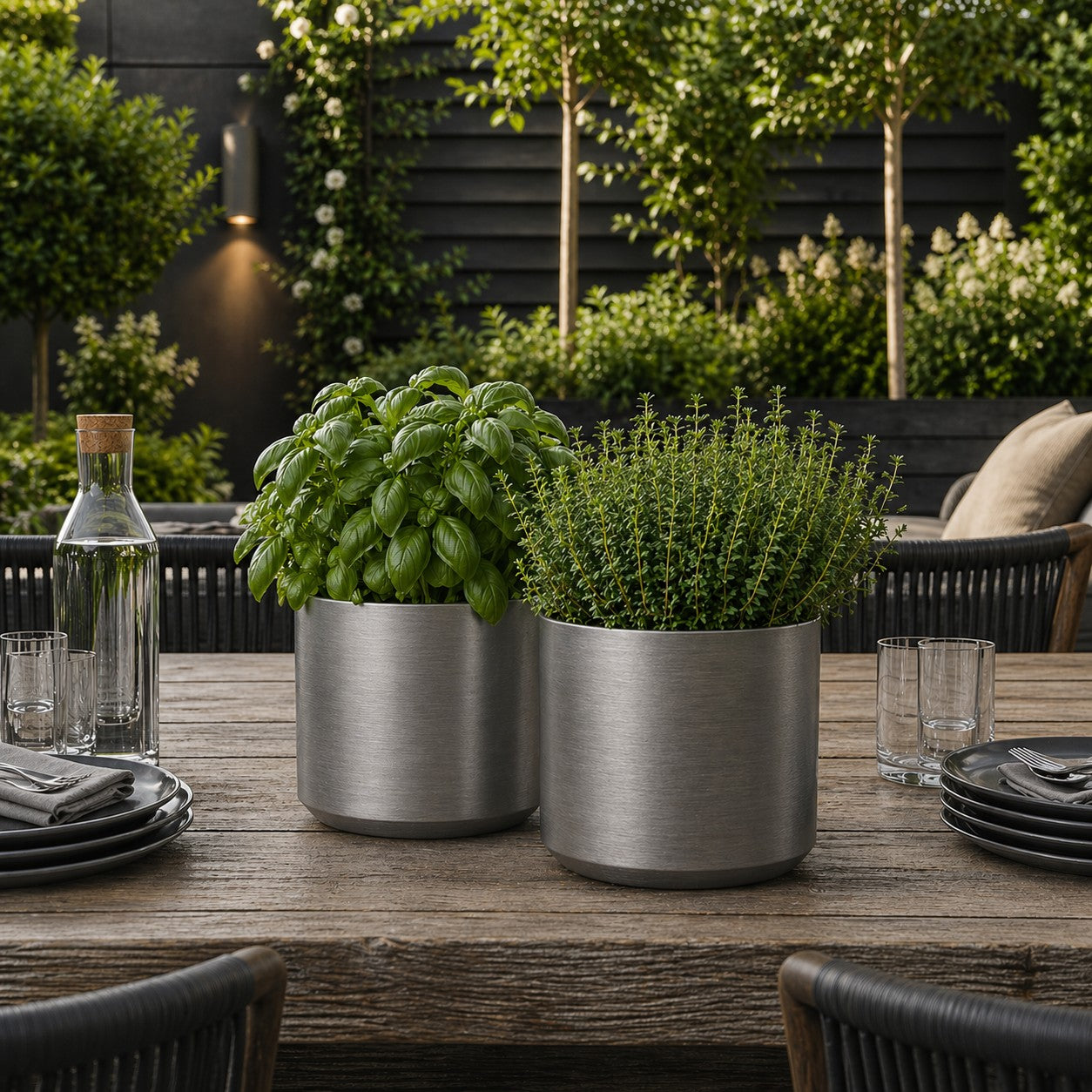 Hortus Lite - Metallic Look Plastic Cylinder Planter - Brushed Steel - W21 x H21cm lifestyle - metal cylinder planter with lush greenery on modern garden terrace